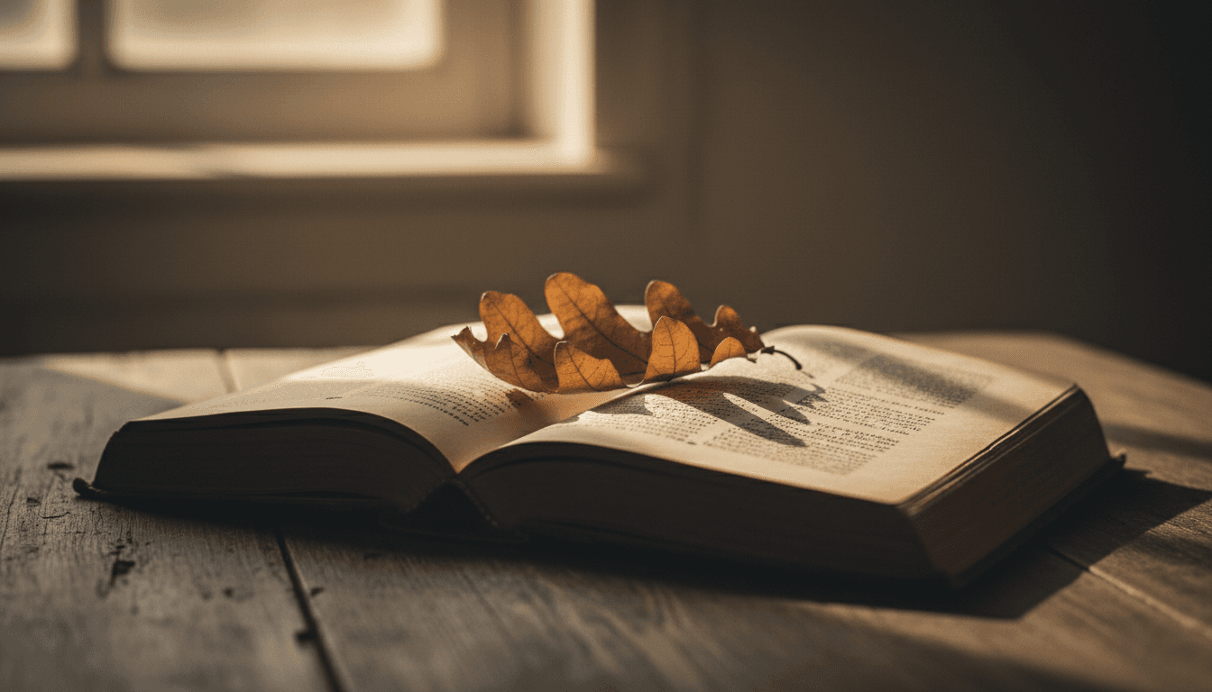 Libro antiguo abierto sobre una mesa de madera con una hoja seca entre sus páginas