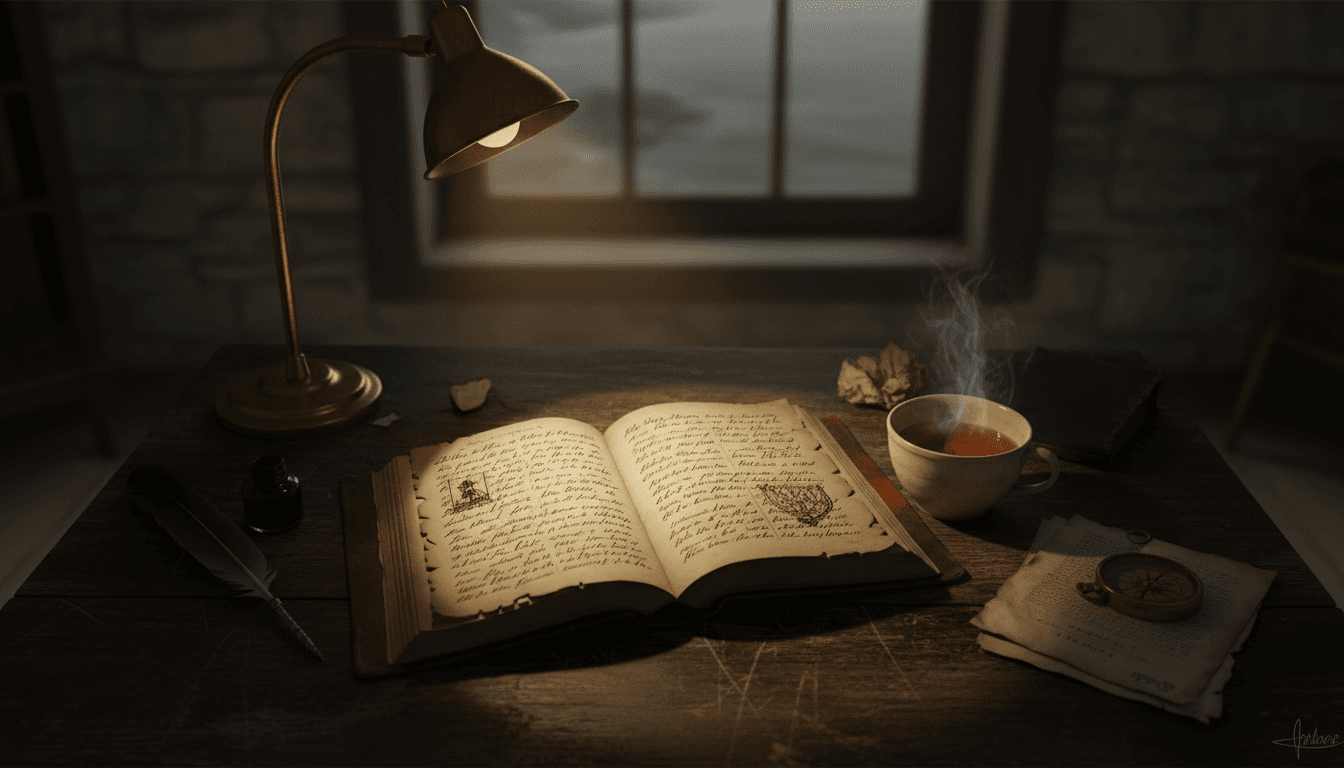 Libro abierto sobre una mesa de madera con una taza de té al lado, luz cálida de lámpara