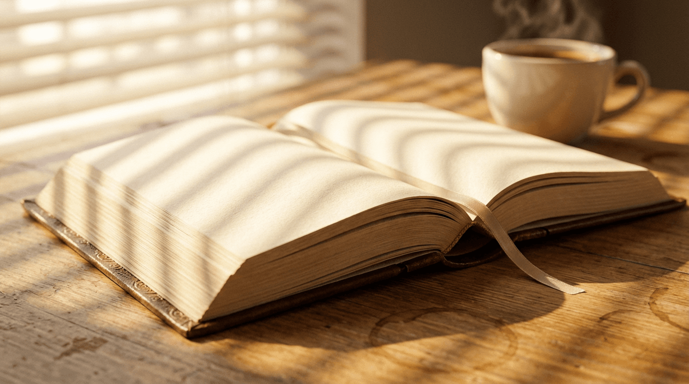 Un libro abierto sobre una mesa de madera junto a una taza de té, iluminado por luz natural suave