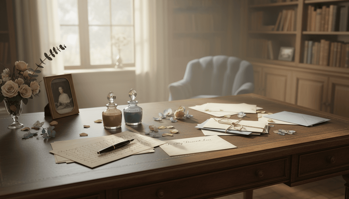 Escritorio de autora con libreta abierta, pluma y una taza de té al atardecer