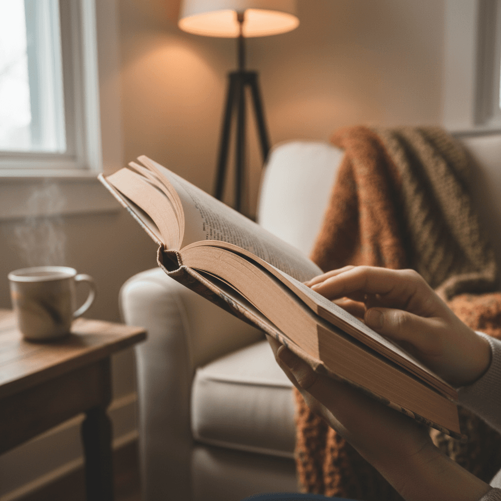 Rincón de lectura al atardecer con un libro abierto