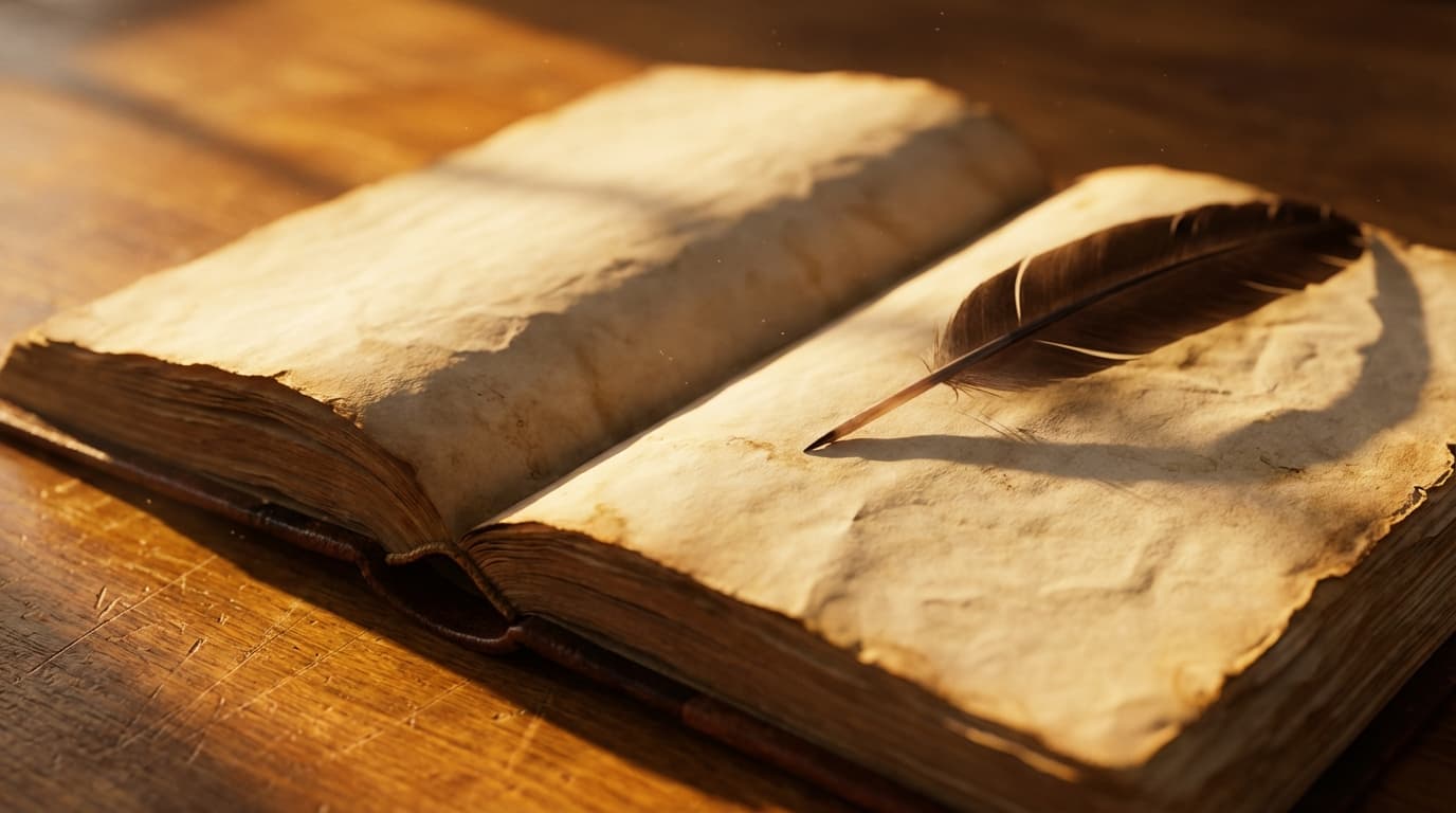 Escritorio con libro abierto, pluma y taza de té, luz natural de tarde