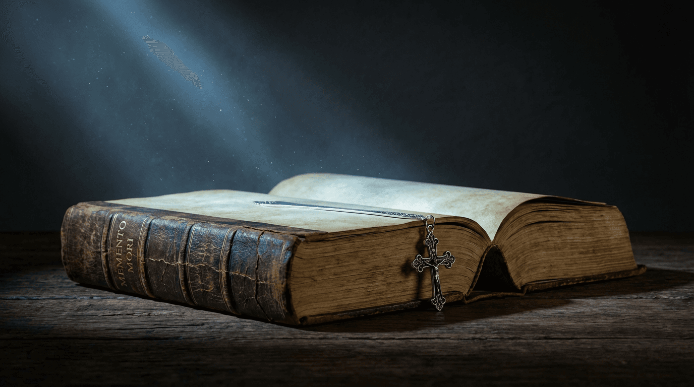 Un libro antiguo abierto con una brasa humeante en sus páginas