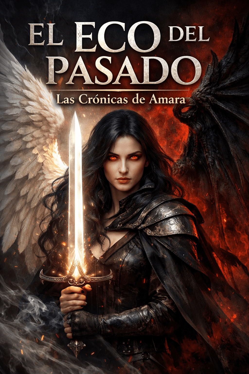 Guerrera con espada brillante, ojos rojos y alas de ángel y demonio en llamas.