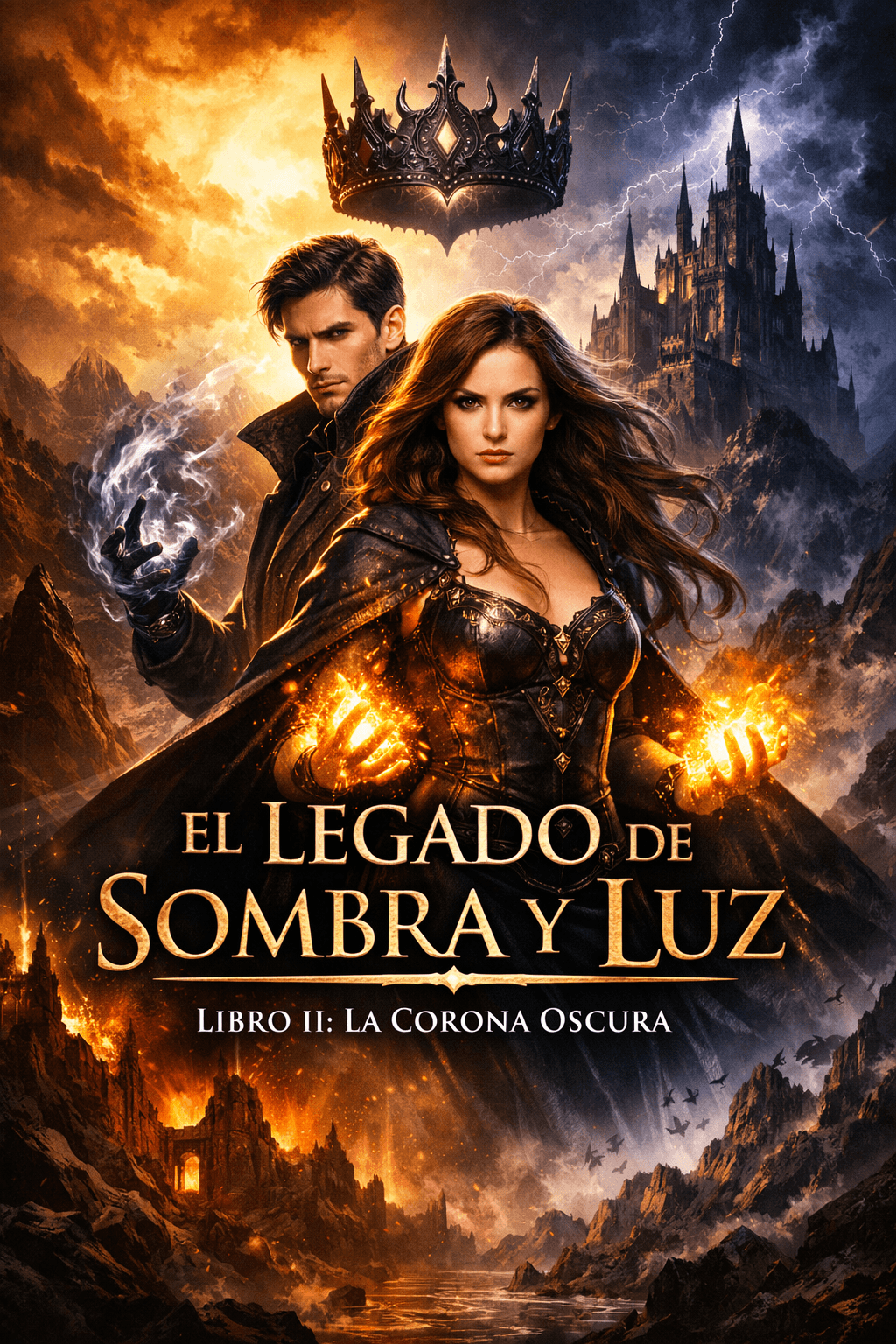 Pareja con magia de fuego y sombras bajo una corona oscura ante un castillo gótico.