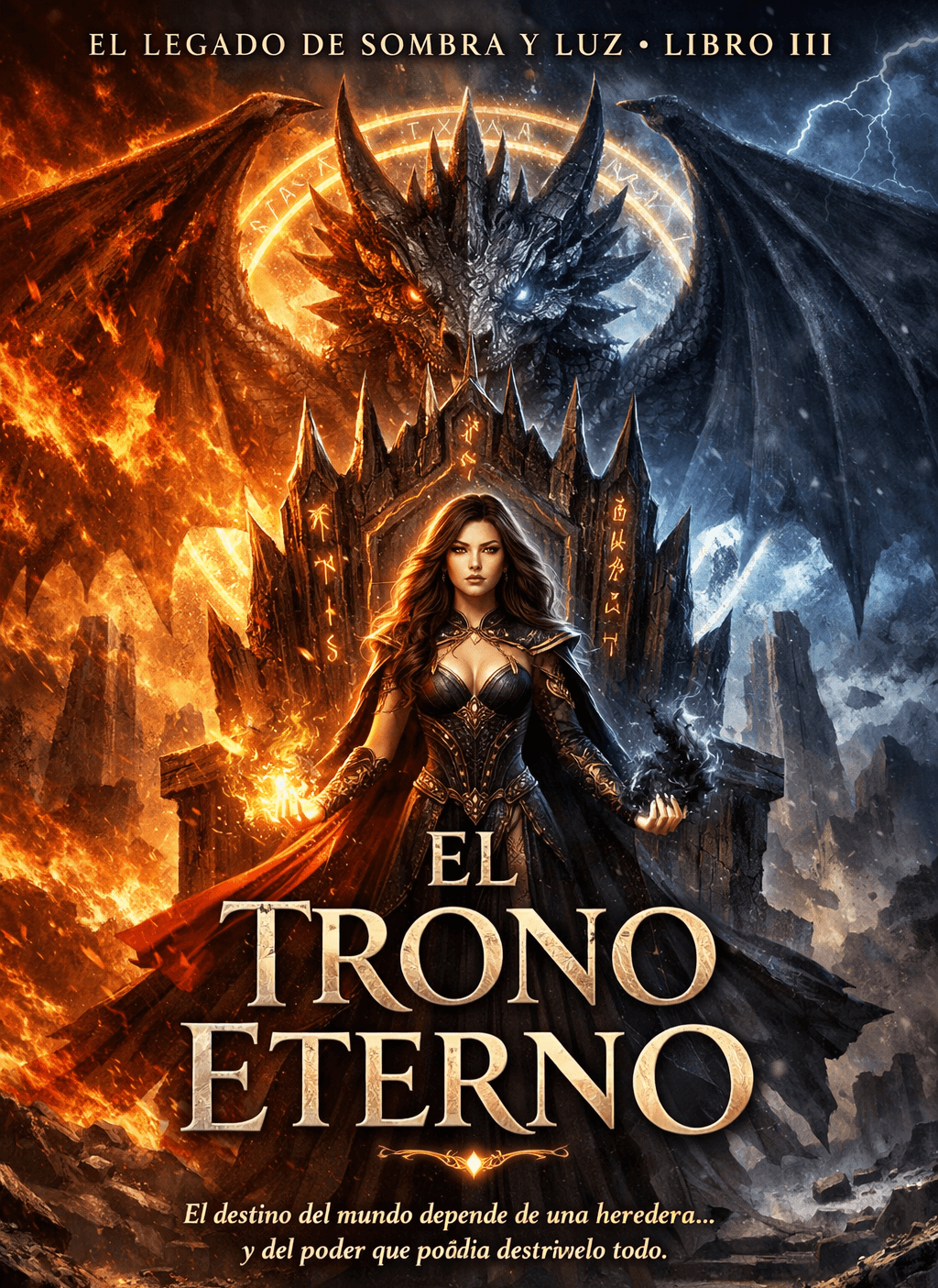 Mujer poderosa con magia elemental ante un trono y un dragón de fuego y hielo.