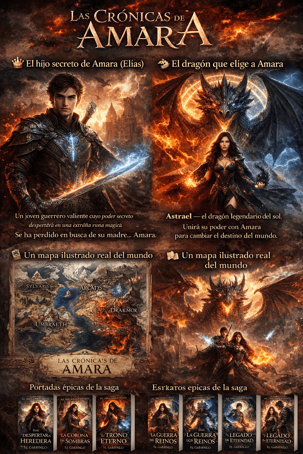 Póster de Las Crónicas de Amara con guerreros, un dragón de fuego, mapas y libros.