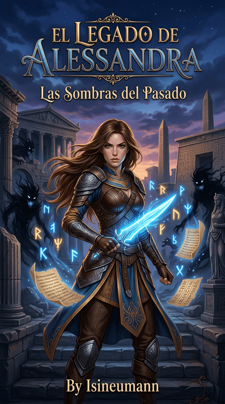 Guerrera con daga azul brillante rodeada de runas mágicas y sombras en ruinas antiguas.