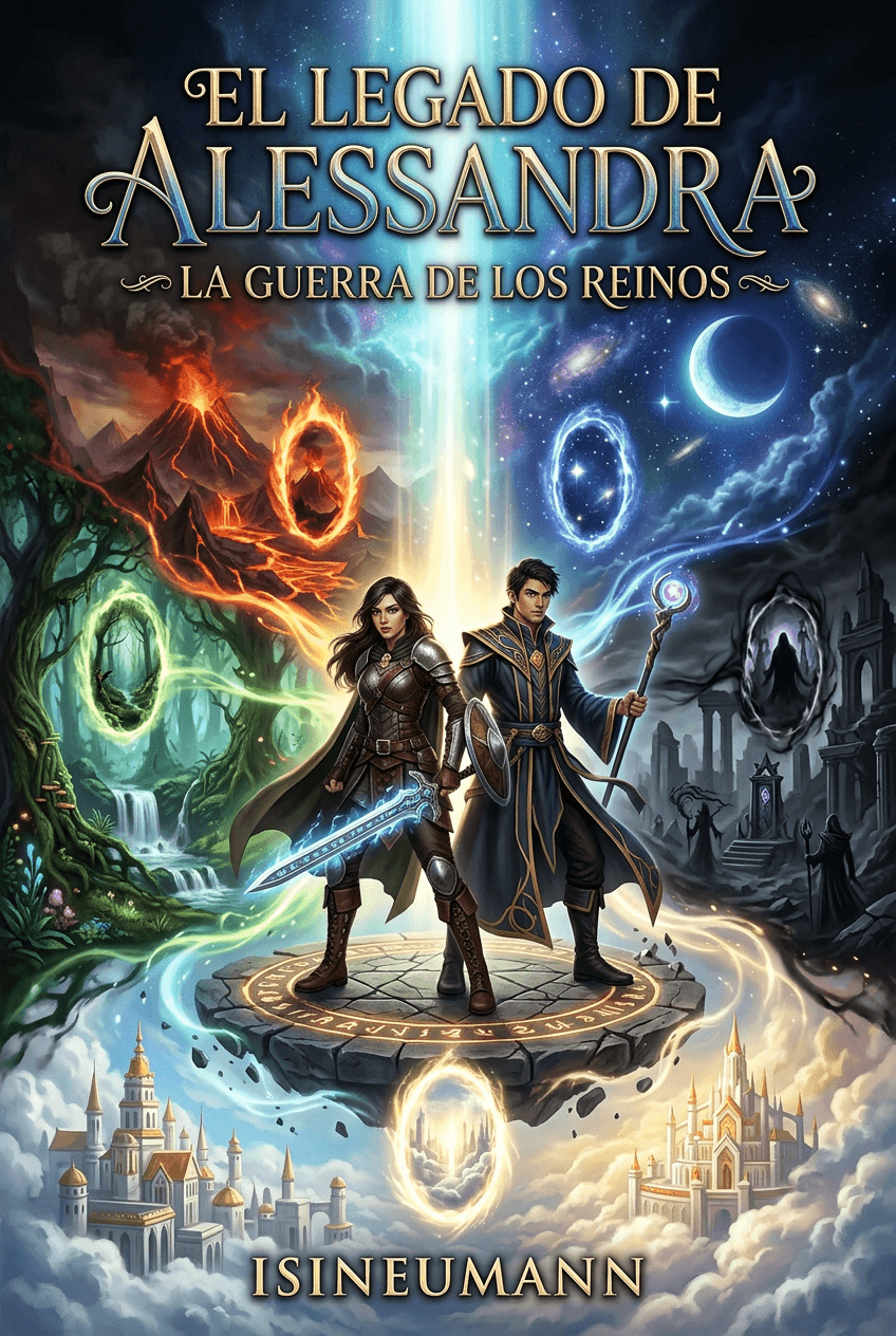 Guerrera y mago sobre plataforma rúnica rodeados de portales hacia diversos mundos de fantasía épica.