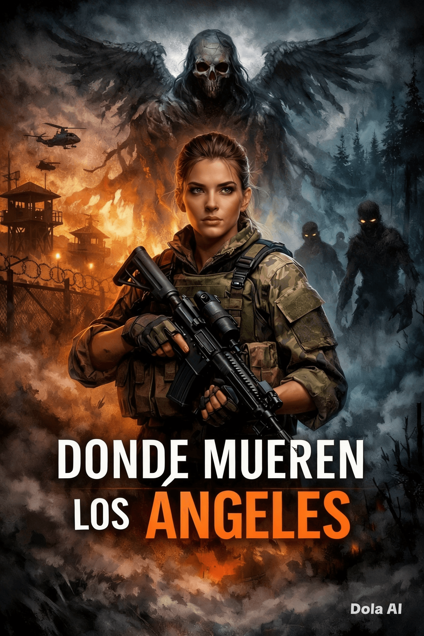 Mujer armada ante un ángel esquelético, fuego y sombras en un campo de batalla.