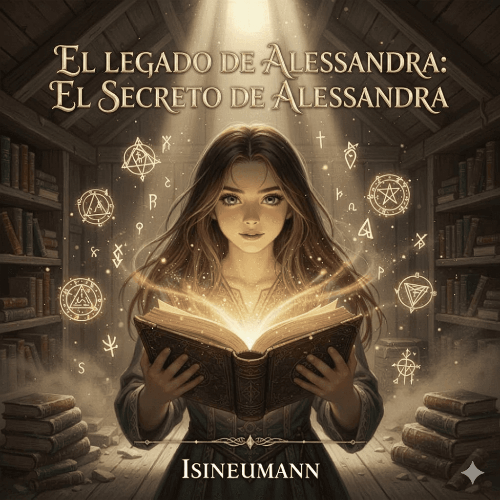 Joven sosteniendo un libro brillante rodeada de símbolos mágicos dorados en una biblioteca antigua.