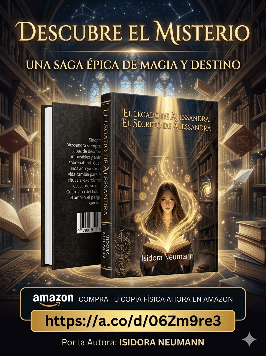 Libro 'El Legado de Alessandra' en una biblioteca mágica con una joven y destellos.