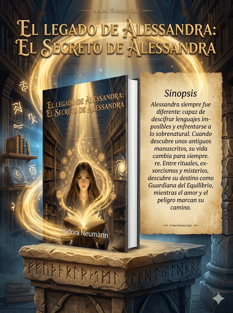 Portada de libro y sinopsis con joven rodeada de magia dorada sobre un pedestal rúnico.